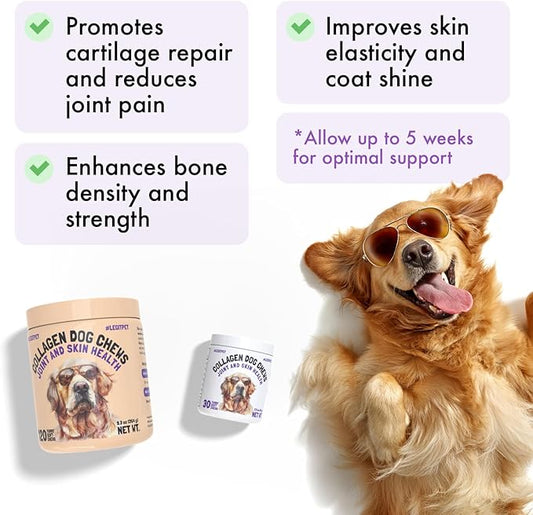 Collagen Dog Chews for Joint & Skin Health 30 Soft Chews All Breeds Mobility, Cartilage Repair & Pain Relief Hip & Joint Skin Coat Anti-inflammatory Support Eggshell Membrane Senior & Adult Dogs