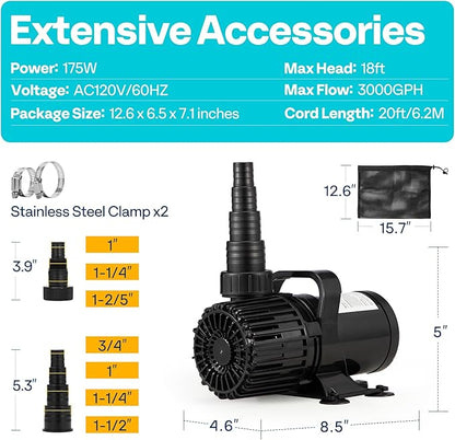 VIVOHOME 175W 3000GPH Submersible Water Pump with 180° Seamless Adjustable Nozzle and Barrier Bag for Koi Pond Waterfall Fountains Fish Tank