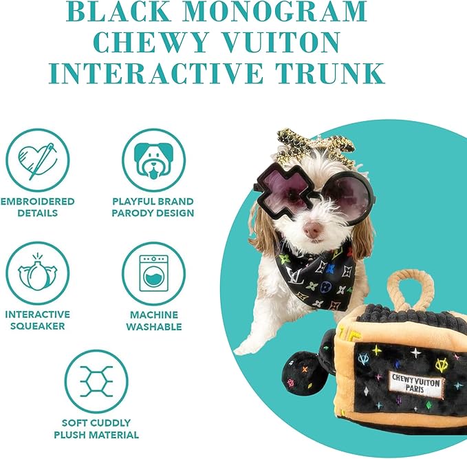Haute Diggity Dog Black Monogram Chewy Vuiton Interactive Trunk, Plush Designer Dog Toys with Interactive Squeaker, Stimulating Pet Enrichment, Machine-Washable & Safe Materials for All Breeds