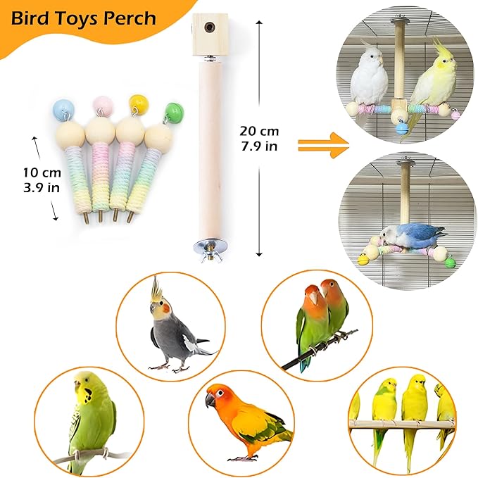 Bird Stand Perch Toy with Bells, Interactive Spinning Parakeet Toys, Wooden Exercise Wheel Parrot Toy, Enrichment Cockatiel Toy for Birds Cage, Bird Cage Accessories Perch Toys for Budgies (S, Bells)