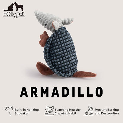 Hollypet Plush Dog Squeaky Toy Stuffed Armadillo Animal Pet Puppy Chew Toys with Clean Teeth for Small Medium Large All Breed Sizes Dogs, Dark Gray and Light Gray,8 in