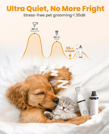 oneisall Dog Nail Grinder and Paw Trimmer Kit 3 in 1 Quiet Rechargeable Electric Pet Nail Grinder with 2 LED Lights and Cordless Dog Grooming Safe Clippers