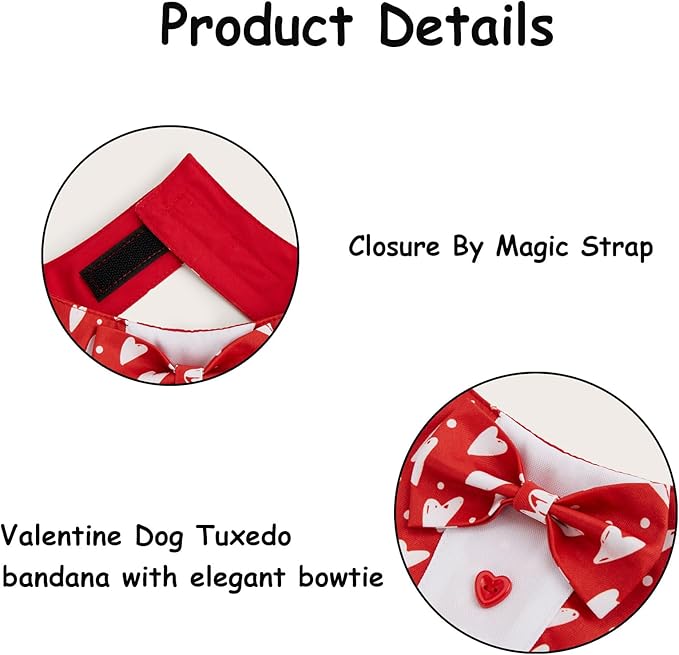 HDGDT Valentine Dog Tuxedo Bandana with Bow Tie, Adjustable Tuxedo Style Heart Pattern Pet Costume for Dogs, XS to XL