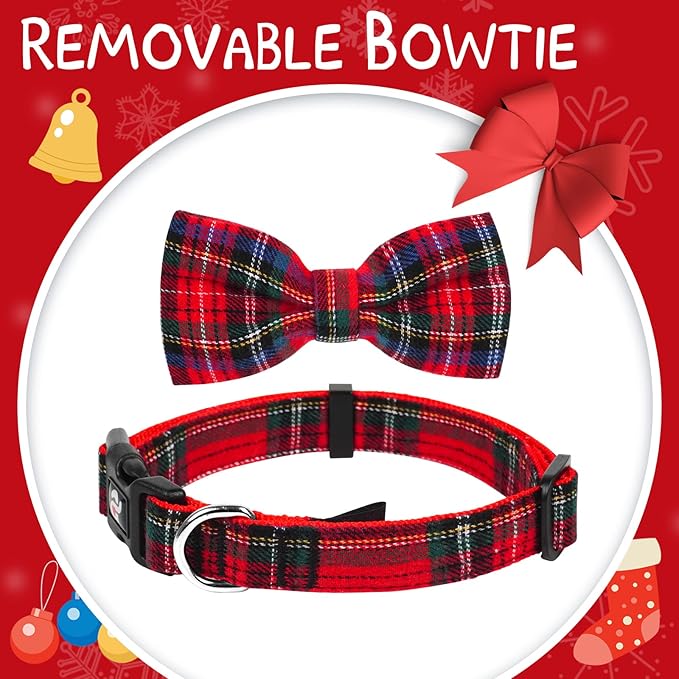 azuza Christmas Buffalo Dog Collar and Leash Set, Classic Plaid Collar with Removable Bowtie and Matching Leash for Small Dogs