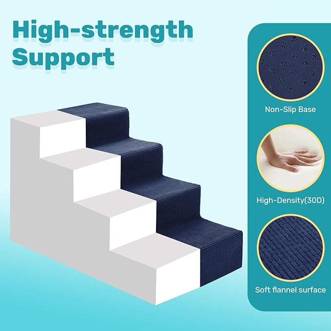 Dog Stairs for Bed, Extra Wide 4-Step Dog Steps for High Bed, High-Density Foam Pet Stairs with Non-Slip Removable Washable Cover for Small Pets, 18" H, Navy