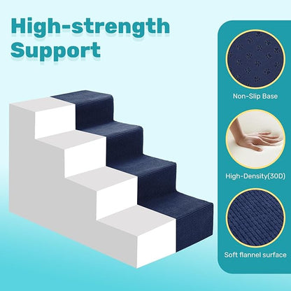 Dog Stairs for Bed, Extra Wide 4-Step Dog Steps for High Bed, High-Density Foam Pet Stairs with Non-Slip Removable Washable Cover for Small Pets, 18" H, Navy