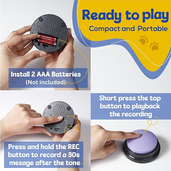 Dog Buttons for Communication with Mat & Clicker – 30s Recordable Dog Buttons Talk, Talking Buttons for Dogs, Gift for Dog Owners with Training Guide, Custom Stickers, and Clear Sound (6-Pack)