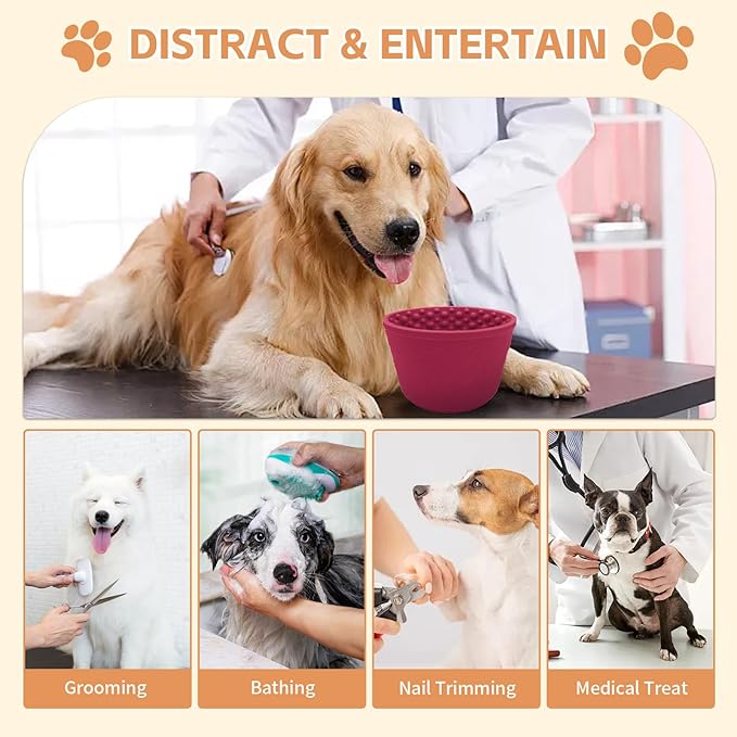 Dog Lick Bowl with Brush and Scraper, Anxiety Relief Silicone Slow Feeder Treat Dispenser, Anti-chocking Pet Dish, Non-Slip Interactive Entertainment Dog Puzzle Toy for Medium & Large-Dark Red