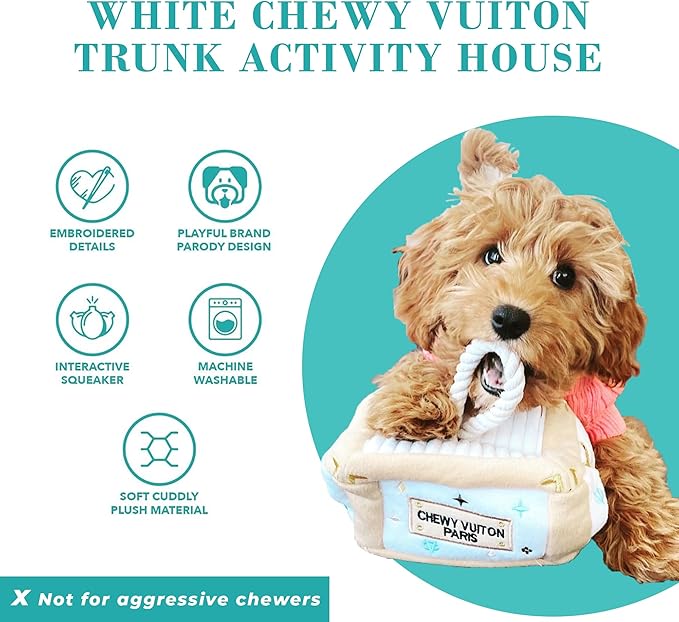 Haute Diggity Dog White Chewy Vuiton Trunk Activity House, Plush Designer Dog Toys with Interactive Squeaker, Stimulating Pet Enrichment, Machine-Washable & Safe Materials for All Breeds, One Size