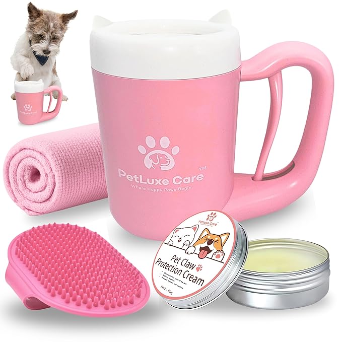 Dog Paw Washer Kit - Includes Paw Cleaner Cup, Towel, Pet Bath Brush & Moisturizing Balm - Dog Foot Washer for Muddy Paws, ideal for Small & Medium Dogs (Pink, Small)