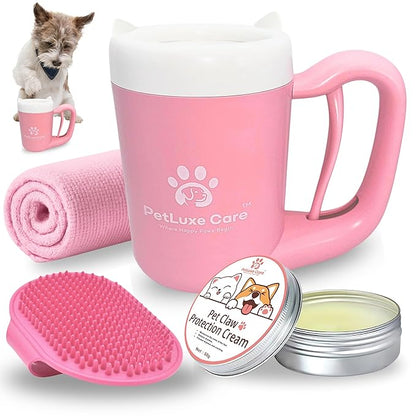 Dog Paw Washer Kit - Includes Paw Cleaner Cup, Towel, Pet Bath Brush & Moisturizing Balm - Dog Foot Washer for Muddy Paws, ideal for Small & Medium Dogs (Pink, Small)