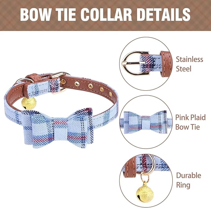 KOOLTAIL Small Dog Collar and Leash Set with Bowtie and Bells - Puppy Collar and Leash for Male with Classic Plaid Matching Pattern, Soft Leather Tangle Free Leashes for Small Dogs Boys Girls, Blue
