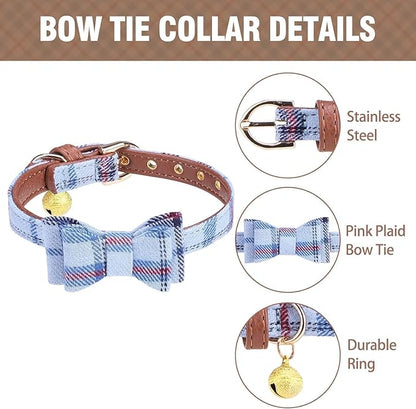 KOOLTAIL Small Dog Collar and Leash Set with Bowtie and Bells - Puppy Collar and Leash for Male with Classic Plaid Matching Pattern, Soft Leather Tangle Free Leashes for Small Dogs Boys Girls, Blue