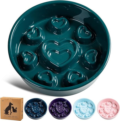 Ceramic Slow Feeder Dog Bowl, 4-Cup Anti-Slip Puzzle Feeder for Medium/Large Dogs, Indoor/Outdoor Pet Bowl for Fast Eaters - Green（Love）