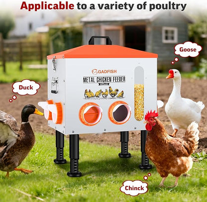 GADFISH 55LBS Large Capacity Automatic Chicken Feeder - Upgraded Window Design Allows Viewing of Feed Conditions, 8 Feeding Ports, Anti-Waste Design, Height-Adjustable Legs & Secure