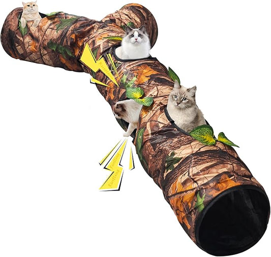 Cat Tunnel,Under Christmas Tree 59" Large Y-Shape Cat Cave with 3 Rustle Channels & Leaves, Portable Cat Bed Toy for Indoor Kittens & Small Pets to Chase and Play, Easy Storage (Brown)