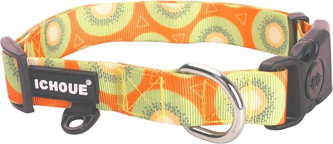iChoue Original Print French Bulldog Collar Adjustable with Locked Buckle for Frenchie Pug English Boston Terrier Dogs, Kiwi Fruit, Small