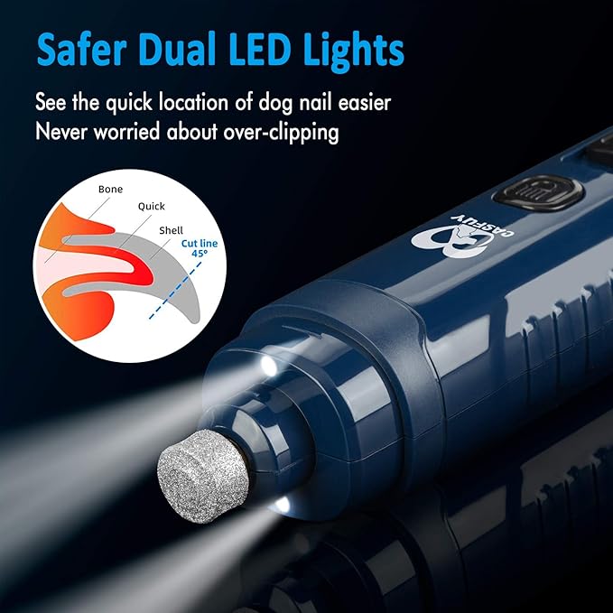 Casfuy Dog Nail Grinder with 2 LED Light - 4.8V Super Powerful 2-Speed Electric Pet Nail Trimmer for Medium Large Dogs Quiet Rechargeable Painless Paws Grooming & Smoothing Tool (Dark Blue)