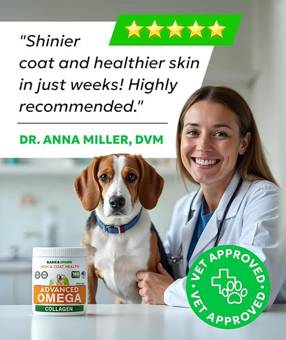 BARK&SPARK Advanced Omega-3 Collagen for Dogs - 180 Fish & Salmon Oil Treats for Dog Shedding, Skin Allergy Chews, Itch Relief, Hot Spots Treatment - Jointm Skin & Coat Supplement, EPA&DHA Fatty Acids