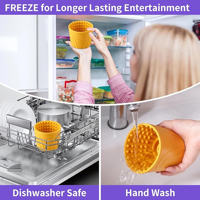 Anxiety Relief Slow Feeder Dog Lick Mat Treat Dispenser, Non-Slip Licking Bowl - Dog Enrichment Toys for Small, Medium & Large Breeds, BPA Free Silicone (Yellow, M-L)