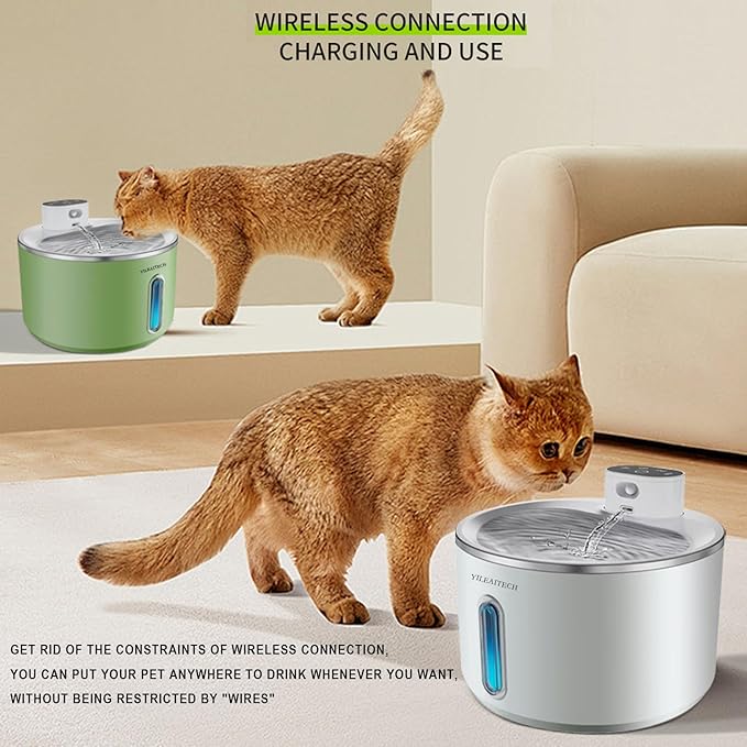 Wireless Cat Water Fountain Stainless Steel, 135oz/4L Cat Fountain, Battery Operated, Cordless Pet Water Fountain for Cats & Dogs with Motion Sensor, Ultra Quiet Pump, 12 Filters (Green, 4L)