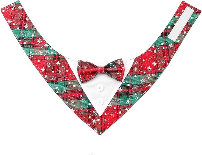 Adjustable Red Plaid Christmas Dog Tuxedo Bandana with Bow Tie - Holiday Pet Outfit Costume for Dogs XS to XL