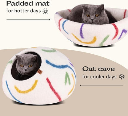 MEOWFIA Cat Cave – Premium Felt Cat Bed for Indoor Cats, Handmade 100% Merino Wool, Cat (Large, Ivory Rainbow)