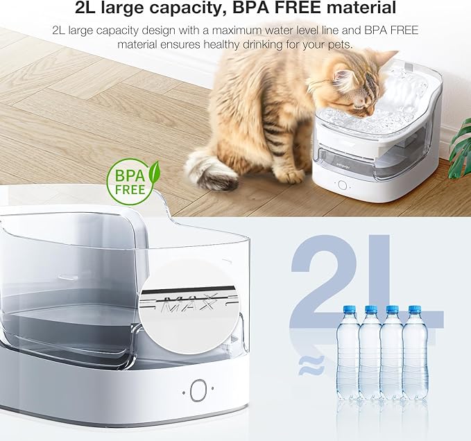 Cat Water Fountain 2L Automatic Pet Water Dispenser for Cats and Dogs 8-Layer cat Fountain Filter 2.4G WiFi Food-Grade Material Ultra-Quiet(PF1L)