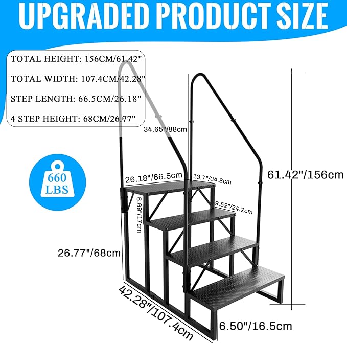 RV Step Stool, 4 Step Ladder, Hot Tub Steps with Handrail, Portable Pool Ladder, 660Lbs Heavy Duty Ladder Shelf Outdoor Mobile Home Stairs for Camper/Porch/SPA Pool/Pet Stairs(2 handrails)
