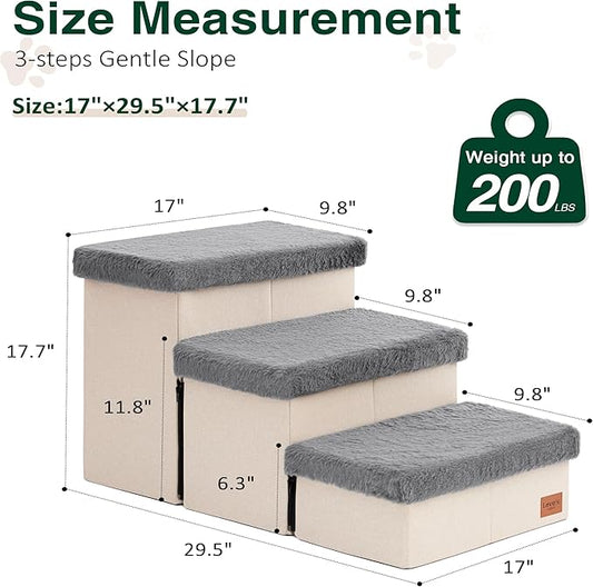 Love's cabin Dog Stairs for High Bed 18" H,3 Steps with Furry Lids Pet Stairs for Small Medium Large Dogs,Foldable Cat Ramp with Zip up to 200 lbs,Grey