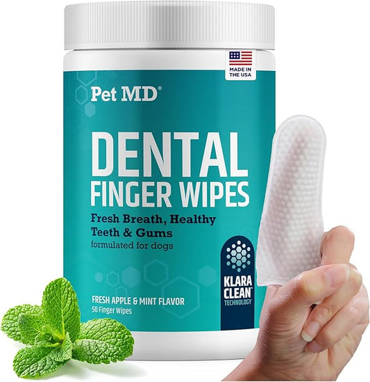 Pet MD Pet Dental Finger Wipes for Dogs - Plaque and Tartar Remover for Dogs to Improve Oral Care - Pet Teeth Cleaning Finger Wipes for Healthy Gums and Fresh Breath - Fresh Apple & Mint, 50ct