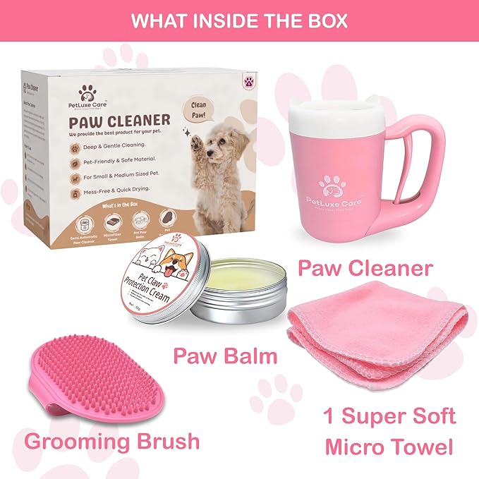Dog Paw Washer Kit - Includes Paw Cleaner Cup, Towel, Pet Bath Brush & Moisturizing Balm - Dog Foot Washer for Muddy Paws, ideal for Small & Medium Dogs (Pink, Small)