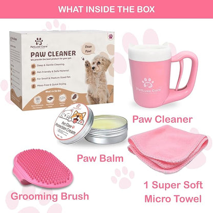 Dog Paw Washer Kit - Includes Paw Cleaner Cup, Towel, Pet Bath Brush & Moisturizing Balm - Dog Foot Washer for Muddy Paws, ideal for Small & Medium Dogs (Pink, Small)