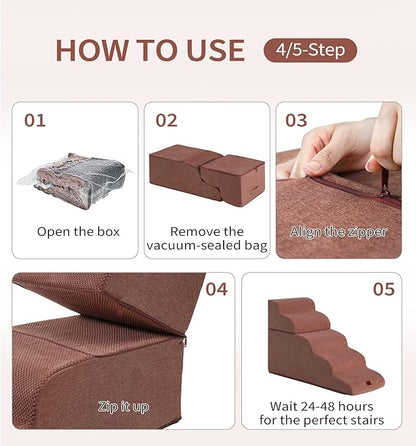 Made4Pets Dog Stairs Ramp for Bed 19.7" H, 4-Step Dog Steps for High Bed Couch Sofa Climbing, 35D Foam Pet Steps for Small Dogs and Cats, Non-Slip Bottom Pet Stairs, Brown