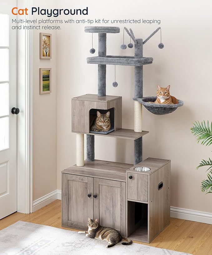 HOOBRO Cat Tree with Litter Box Enclosure, 68.9" H Cat Tower with Food Bowl and Storage, Hidden Litter Enclosure Furniture, All-in-One Modern Cat Condo, with House, Hammock and Perch, Greige BG80MZ03