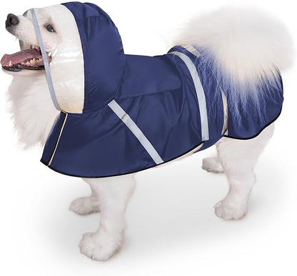 Dog Raincoat, Adjustable Rain Jacket with Hooded Double Layer for Large Medium Small Dogs Puppies, Lightweight Waterproof Rain Coat Poncho with Reflective Stripe Navy,M