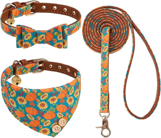 KOOLTAIL Dog Collar and Leash Set with Bow Tie & Bells for Small Dogs-Puppy Collar and Leash with Dog Bandana Collar, Soft Leather Tangle Free Leashes for Boys Girls Cats