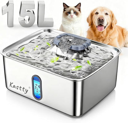 Kastty 15L/3.96 Gal Stainless Steel Dog Water Fountain, Large Capacity Dog Water Bowl Dispenser Quiet LED Light Triple Filtration BPA-Free, Automatic Pet Water Fountain Easy Cleaning Grey FS78