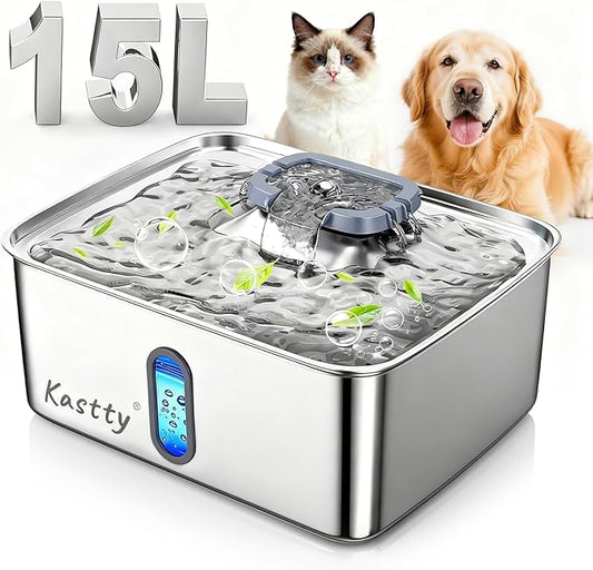 Kastty 15L/3.96 Gal Stainless Steel Dog Water Fountain, Large Capacity Dog Water Bowl Dispenser Quiet LED Light Triple Filtration BPA-Free, Automatic Pet Water Fountain Easy Cleaning Grey FS78