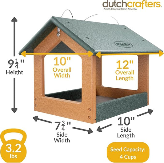 DutchCrafters Amish USA Made Recycled Plastic Large Hanging Modern Fly Through Covered Roof Open Platform Tray Bird Feeder for Outdoors, Garden, Yard (Turf Green & Bright Cedar)
