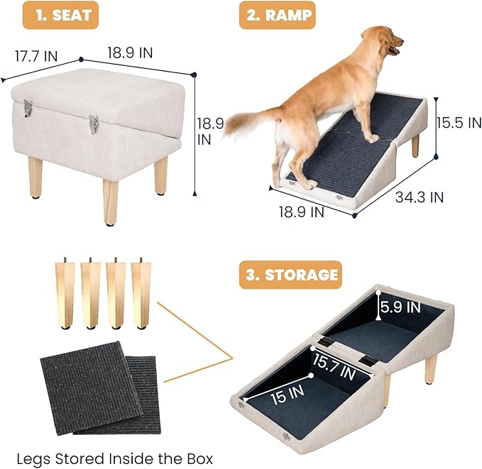 3-in-1 Dog Ramp with Storage – Pet Stairs for Dogs & Cats, Easy on Joints for Senior & Injured Pets, Hidden Storage Footstool, Anti-Slip, Supports 220 lbs, 18" High for Beds & Sofas