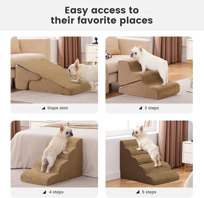 Gardner Pet Dog Stairs for Small Dogs 19.7" H, 4-Step Brown Curved Pet Stairs, Dog Steps for High Bed (18-24 in), Couch with Durable Non-Slip Waterproof Fabric Cover and CertiPUR-US Certified Foam