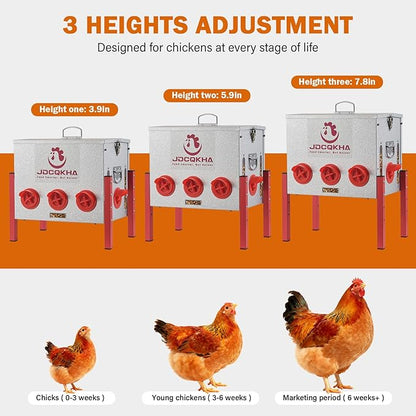 55LB Automatic Chicken Feeder, Rat Proof & No Waste Large Metal Chicken Feeder, Waterproof Galvanized Poultry Feeder with 4 Visual Windows for Chickens, Ducks, Geese, 8 Ports & Adjustable Legs