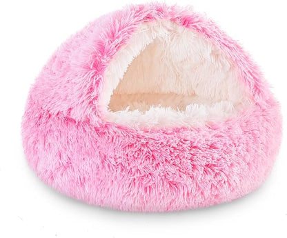 NOYAL Round Hooded Donut Dog Bed for Small & Medium Pets - Plush Fluffy Anti-Anxiety Cat Cave Bed with Cover