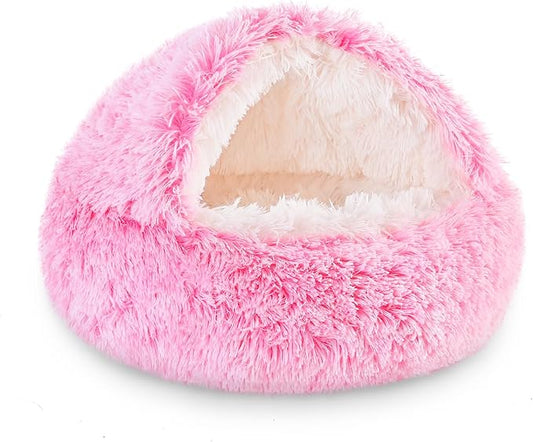 NOYAL Round Hooded Donut Dog Bed for Small & Medium Pets - Plush Fluffy Anti-Anxiety Cat Cave Bed with Cover