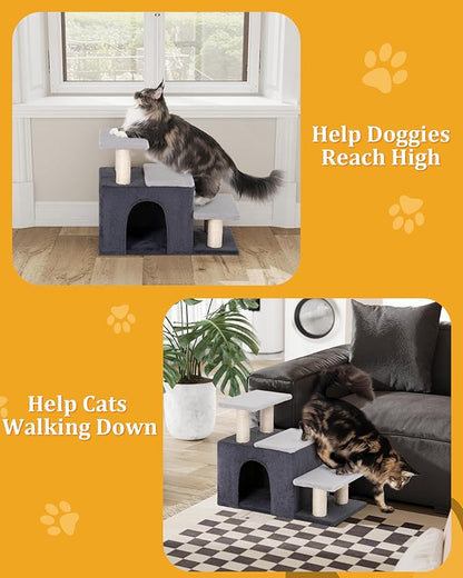 3-in-1 Pet Stairs for Cats, Dog Steps for Small Doggie,7.8'' Depth Cat Stairs,Indoor Cat Steps for High Bed for Pet's Joints, Soft Plush, 1 Big Cat Condo Cave, Sisal Scratching Posts, Grey, Large