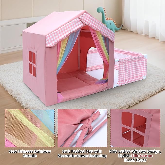 Dog House Indoor with Frame for Small to Medium Dogs, LitaiL Cute Dog Tent Bed with Play Area, Breathable, Washable, Cute Princess Dog Cat House with Soft Plush Cushion, 44" L x 26.8" W x 25" H, Pink