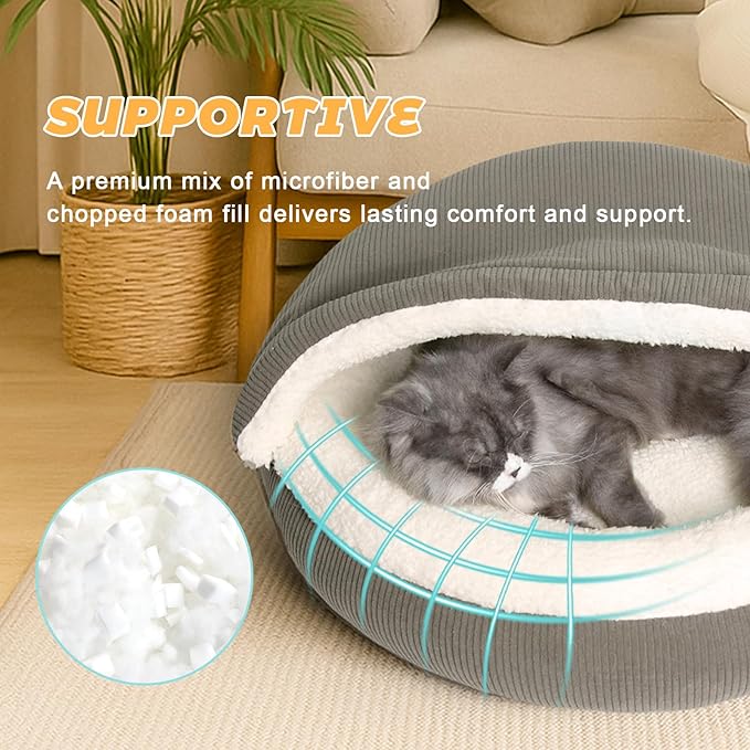 Covered Cat Bed Cave for Small Cats Dogs Washable Hooded Self Warming Cat Bed 23 inches Anti-Slip Round Fluffy Kitten Puppy Bed Noiseless Security Cat Cave Bed with Removable Cushion, Gray