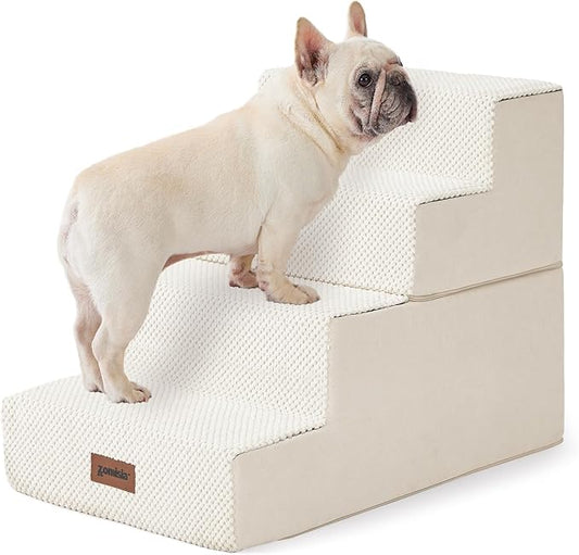 Dog Stairs for Small Dogs - Pet Stairs 2 in 1 with Zippers Suitable for Couch and Bed, 35D Foam Dog Steps with Non Slip Bottom Grey 4 Steps, Beige