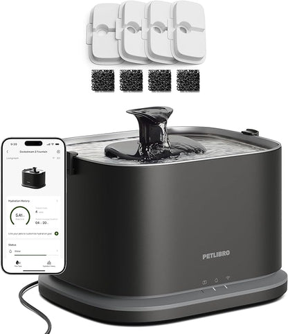 PETLIBRO Upgrade Cat Water Fountain + 4 Packs Genuine Cat Fountain Filter Replacement, Dockstream 2 Smart App Monitoring 5G WiFi Auto Cat Fountain Stainless Steel Tray for Drinking, 3L/101oz